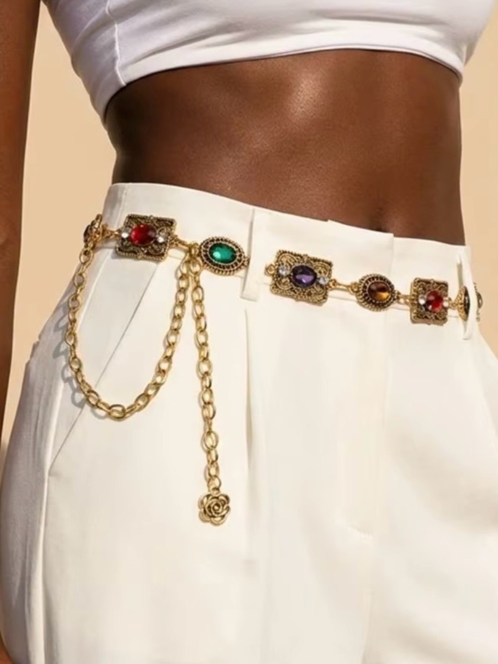 Retro Colorful Waist Multicolor Gemstone Chain Belt 44”